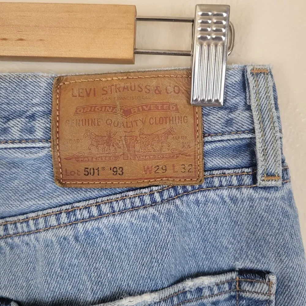Levis 501 93 Jeans Men 29 Light Wash Blue Denim Distressed Straight Crop Raw Hem